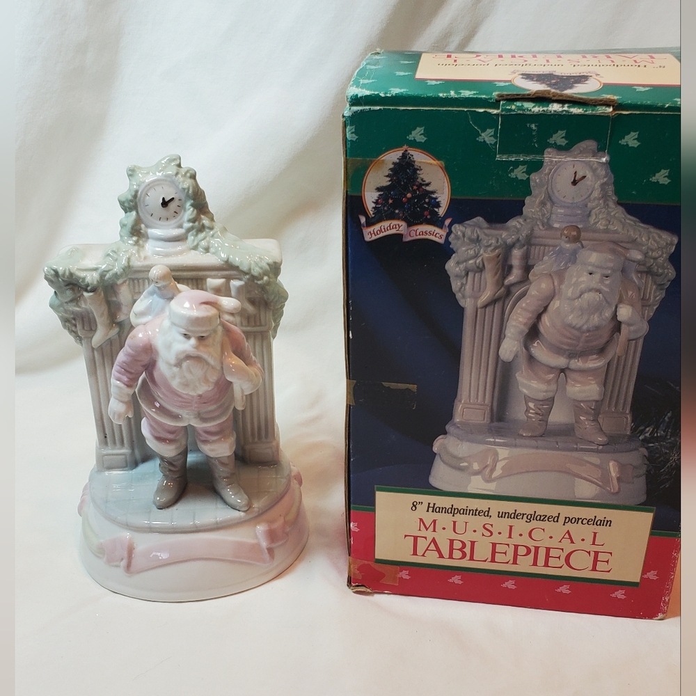 Musical Tablepiece Vtg 1991 Pastel Santa Claus Music Box Hand Painted Porcelain